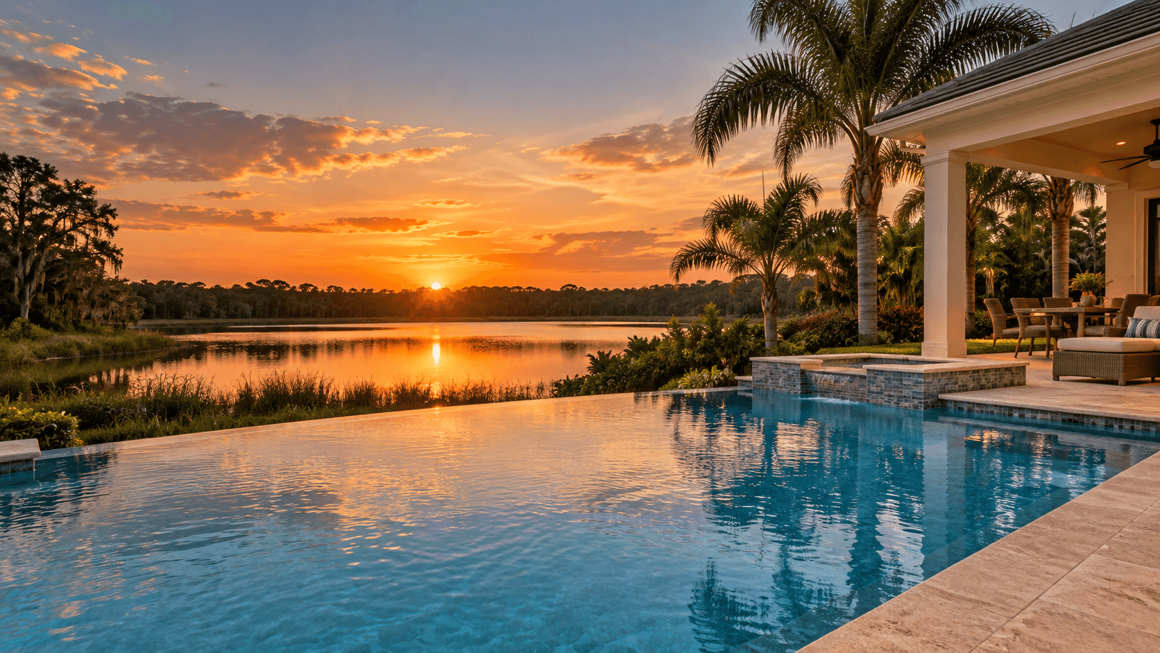 Private Orlando villa pool overlooking a lake at sunset; development placeholder